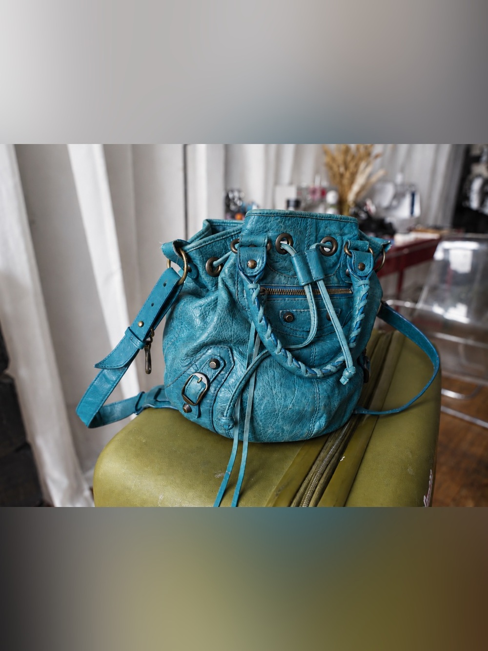 Balenciaga Teal Leather Drawstring Bucket Bag